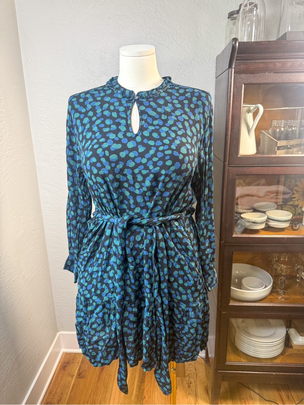 Free Assembly Blue Green Dot Print Tie Waist Mini Dress Ruffle Hem Boho Size XL